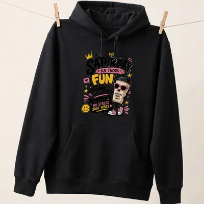 Kawaii cartoon coffee cup with playful weekend vibes text in bright colors — printed on a unisex hoodie
