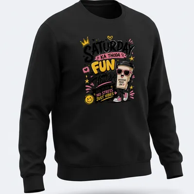 Kawaii cartoon coffee cup with playful weekend vibes text in bright colors — printed on a unisex sweatshirt