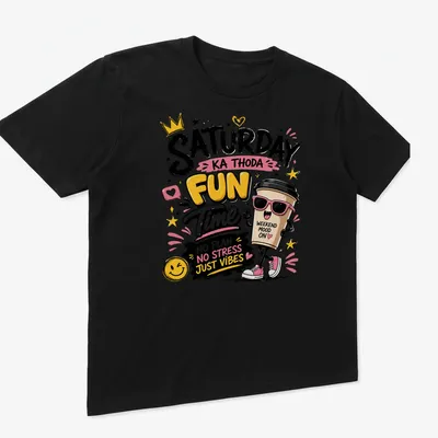 Kawaii cartoon coffee cup with playful weekend vibes text in bright colors — printed on a unisex t-shirt (angled view)