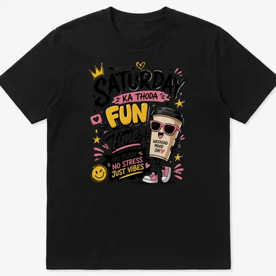 Kawaii cartoon coffee cup with playful weekend vibes text in bright colors — printed on a unisex t-shirt