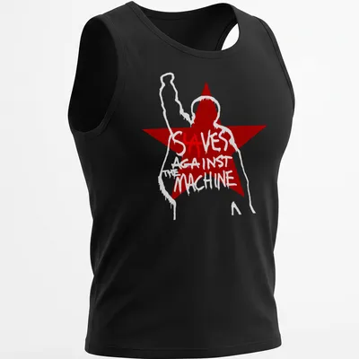 Bold graphic t-shirt featuring a raised fist silhouette with the phrase SAVES AGAINST MACHINE — printed on a tank top