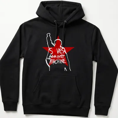 Bold graphic t-shirt featuring a raised fist silhouette with the phrase SAVES AGAINST MACHINE — printed on a unisex hoodie