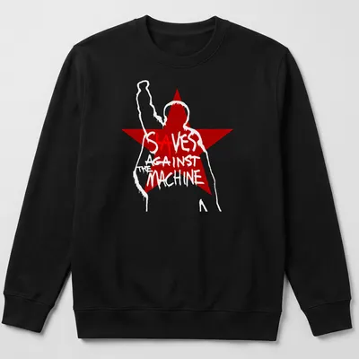 Bold graphic t-shirt featuring a raised fist silhouette with the phrase SAVES AGAINST MACHINE — printed on a unisex sweatshirt