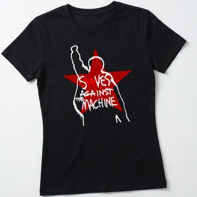 Bold graphic t-shirt featuring a raised fist silhouette with the phrase SAVES AGAINST MACHINE — printed on a women's shirt