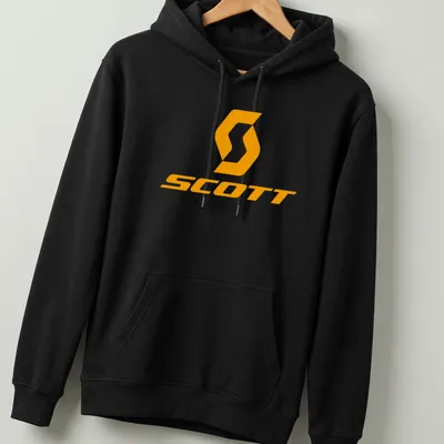 Modern SCOTT logo T-shirt in bright orange for cycling enthusiasts — printed on a unisex hoodie