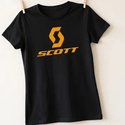 Modern SCOTT logo T-shirt in bright orange for cycling enthusiasts — printed on a women's shirt