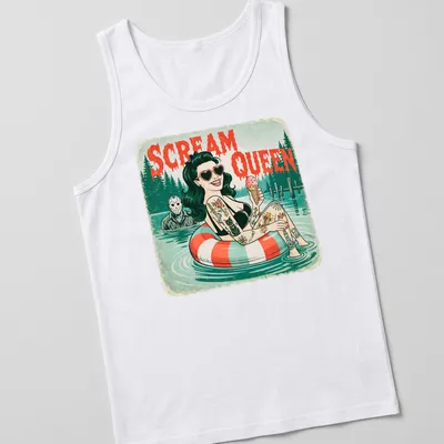 Retro tattooed woman lounging on a float with the words 'Scream Queen' above her — printed on a tank top
