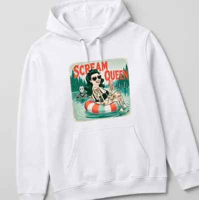 Retro tattooed woman lounging on a float with the words 'Scream Queen' above her — printed on a unisex hoodie