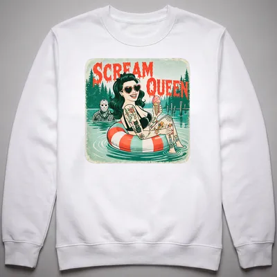 Retro tattooed woman lounging on a float with the words 'Scream Queen' above her — printed on a unisex sweatshirt