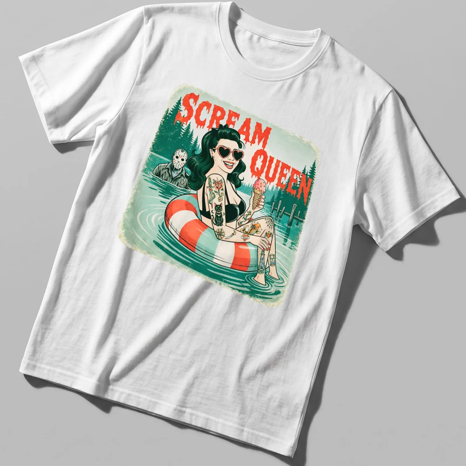 Retro tattooed woman lounging on a float with the words 'Scream Queen' above her — printed on a unisex t-shirt