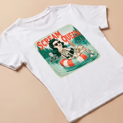 Retro tattooed woman lounging on a float with the words 'Scream Queen' above her — printed on a women's shirt