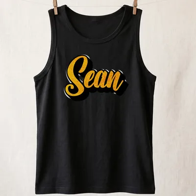 Bold script T-shirt featuring the name Sean in yellow on a black background — printed on a tank top