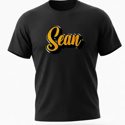 Bold script T-shirt featuring the name Sean in yellow on a black background — printed on a unisex t-shirt