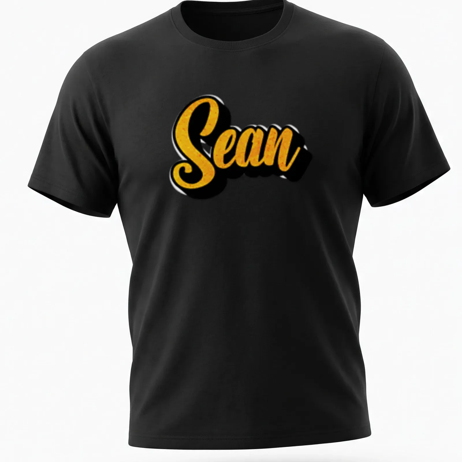 Bold script T-shirt featuring the name Sean in yellow on a black background — printed on a unisex t-shirt