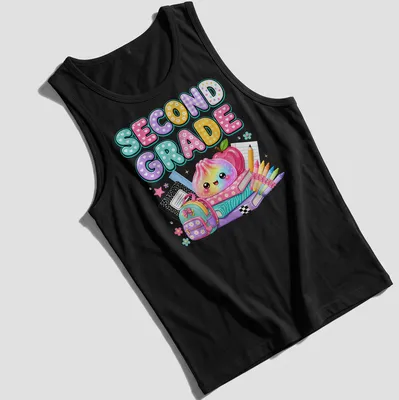 Kawaii dumpling with pastel colors and text Second Grade, perfect for students — printed on a tank top
