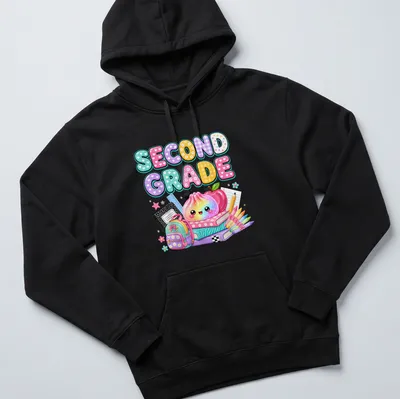 Kawaii dumpling with pastel colors and text Second Grade, perfect for students — printed on a unisex hoodie