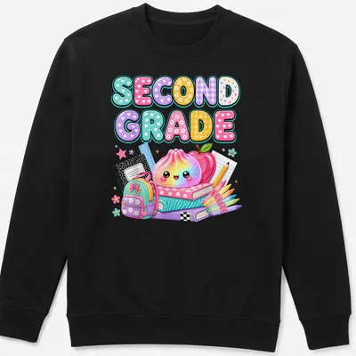 Kawaii dumpling with pastel colors and text Second Grade, perfect for students — printed on a unisex sweatshirt