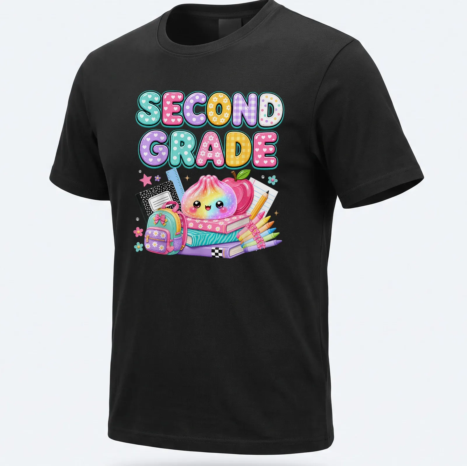 Kawaii dumpling with pastel colors and text Second Grade, perfect for students — printed on a unisex t-shirt