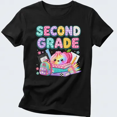 Kawaii dumpling with pastel colors and text Second Grade, perfect for students — printed on a women's shirt