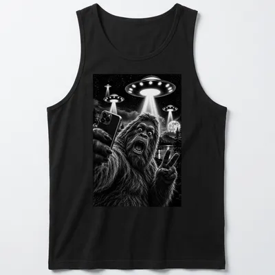 Realistic black and white print of Sasquatch taking a selfie with UFOs — printed on a tank top