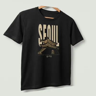 T-shirt featuring Hangul calligraphy of 'SEOUL South Korean Dongdaemun' with traditional architecture styling — printed on a unisex t-shirt (angled view)