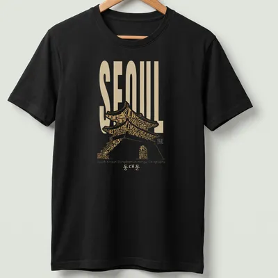 T-shirt featuring Hangul calligraphy of 'SEOUL South Korean Dongdaemun' with traditional architecture styling