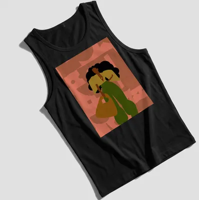 Minimalist illustration of a fashionable woman with curly hair and a bag alongside the text 'SHANNON SIMONE'. — printed on a tank top