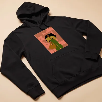 Minimalist illustration of a fashionable woman with curly hair and a bag alongside the text 'SHANNON SIMONE'. — printed on a unisex hoodie