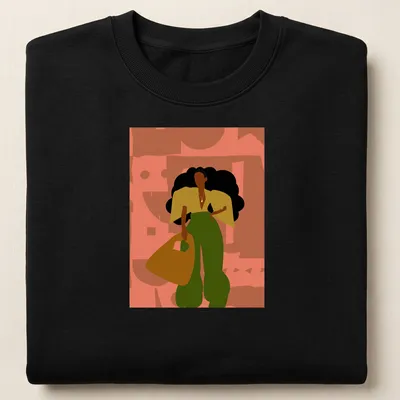 Minimalist illustration of a fashionable woman with curly hair and a bag alongside the text 'SHANNON SIMONE'. — printed on a unisex sweatshirt