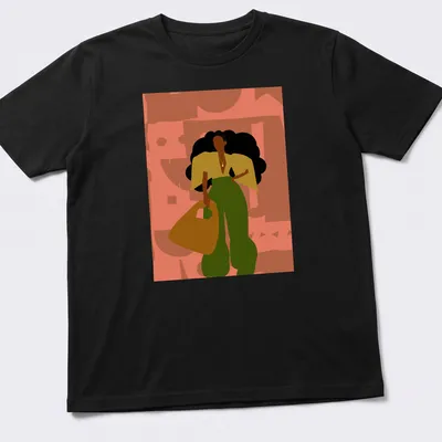 Minimalist illustration of a fashionable woman with curly hair and a bag alongside the text 'SHANNON SIMONE'. — printed on a unisex t-shirt