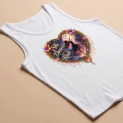 Heart dancer surrounded by flowers with vibrant colors and script text. — printed on a tank top