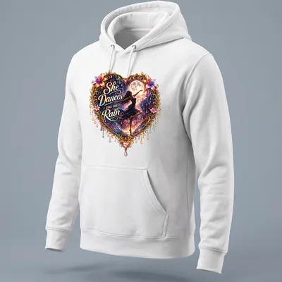 Heart dancer surrounded by flowers with vibrant colors and script text. — printed on a unisex hoodie