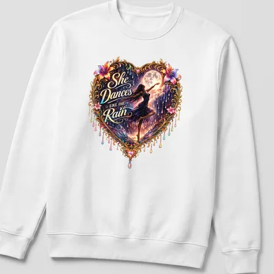 Heart dancer surrounded by flowers with vibrant colors and script text. — printed on a unisex sweatshirt