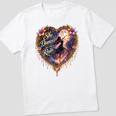Heart dancer surrounded by flowers with vibrant colors and script text.