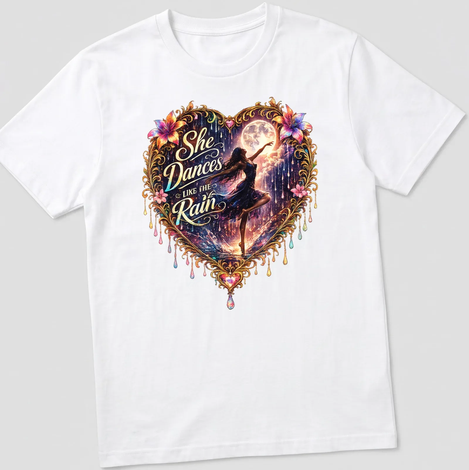 Heart dancer surrounded by flowers with vibrant colors and script text. — printed on a unisex t-shirt