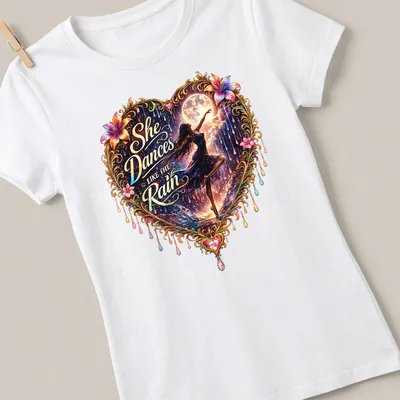 Heart dancer surrounded by flowers with vibrant colors and script text. — printed on a women's shirt
