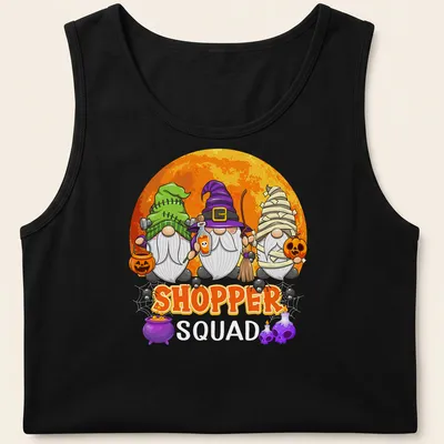Cartoon Halloween gnomes with the text 'SHOPPER SQUAD' in playful font. — printed on a tank top
