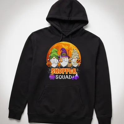 Cartoon Halloween gnomes with the text 'SHOPPER SQUAD' in playful font. — printed on a unisex hoodie