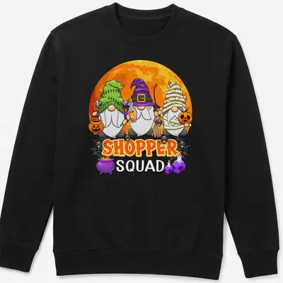 Cartoon Halloween gnomes with the text 'SHOPPER SQUAD' in playful font. — printed on a unisex sweatshirt