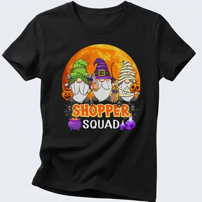 Cartoon Halloween gnomes with the text 'SHOPPER SQUAD' in playful font. — printed on a women's shirt