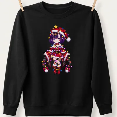 Kawaii Christmas fairy Shuten Douji with tangled lights in vibrant colors — printed on a unisex sweatshirt