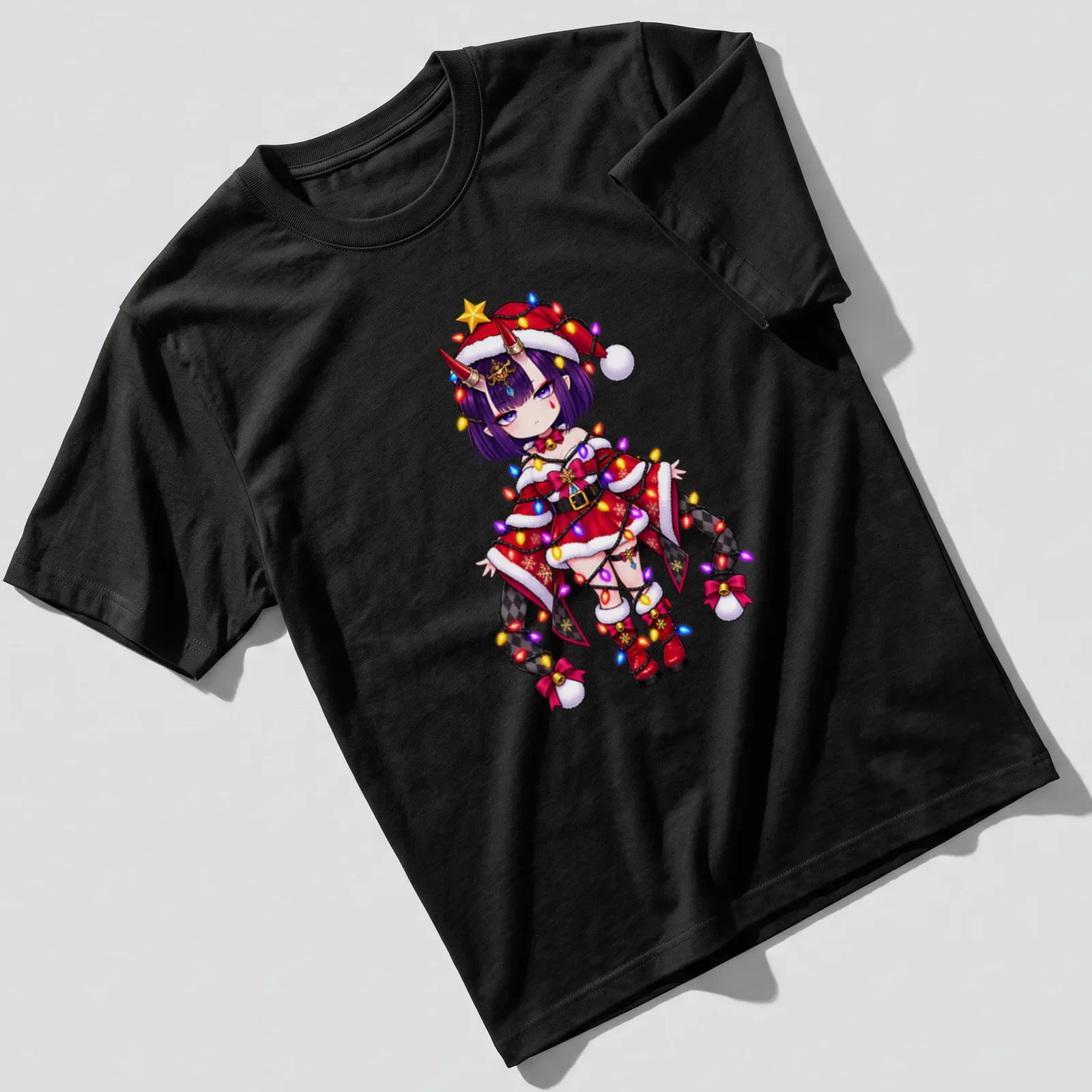 Kawaii Christmas fairy Shuten Douji with tangled lights in vibrant colors — printed on a unisex t-shirt