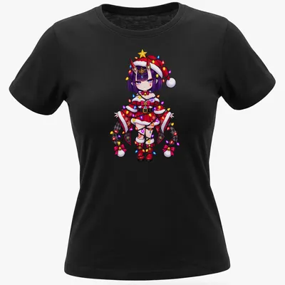 Kawaii Christmas fairy Shuten Douji with tangled lights in vibrant colors — printed on a women's shirt