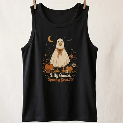 Cute ghost goose with floral pumpkins and text in vintage style — printed on a tank top
