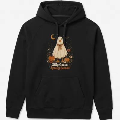 Cute ghost goose with floral pumpkins and text in vintage style — printed on a unisex hoodie