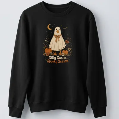Cute ghost goose with floral pumpkins and text in vintage style — printed on a unisex sweatshirt