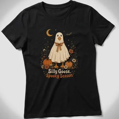 Cute ghost goose with floral pumpkins and text in vintage style — printed on a women's shirt