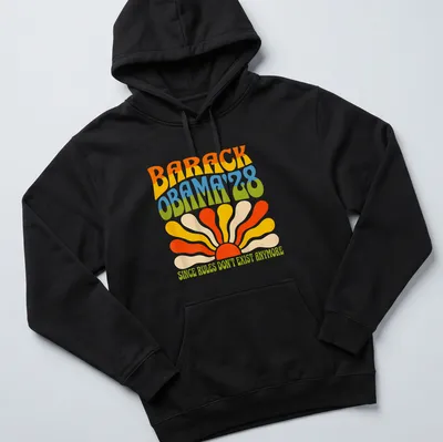 Retro colorful Barack Obama 2028 tee with playful political text — printed on a unisex hoodie