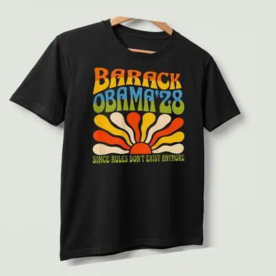 Retro colorful Barack Obama 2028 tee with playful political text — printed on a unisex t-shirt (angled view)