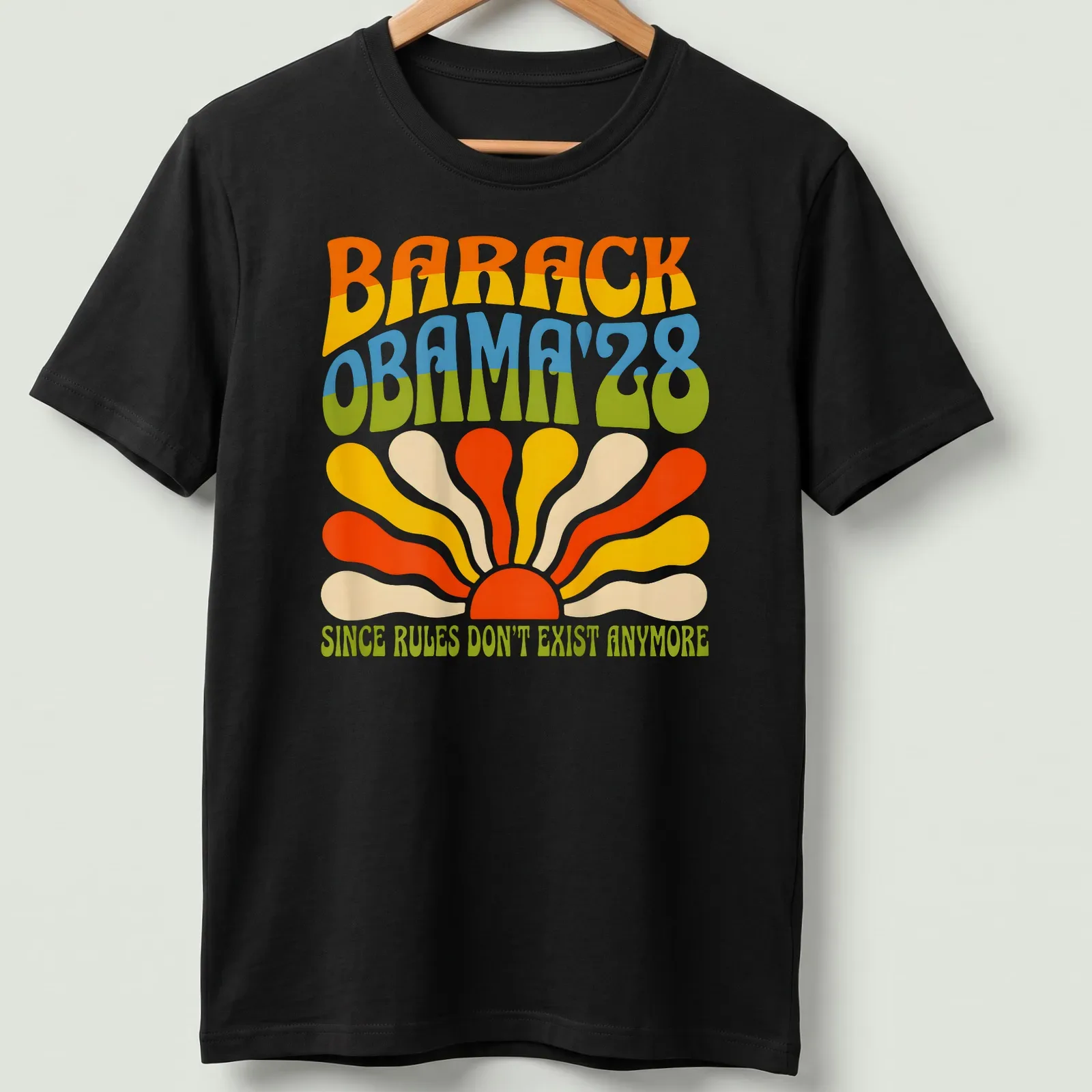 Retro colorful Barack Obama 2028 tee with playful political text — printed on a unisex t-shirt